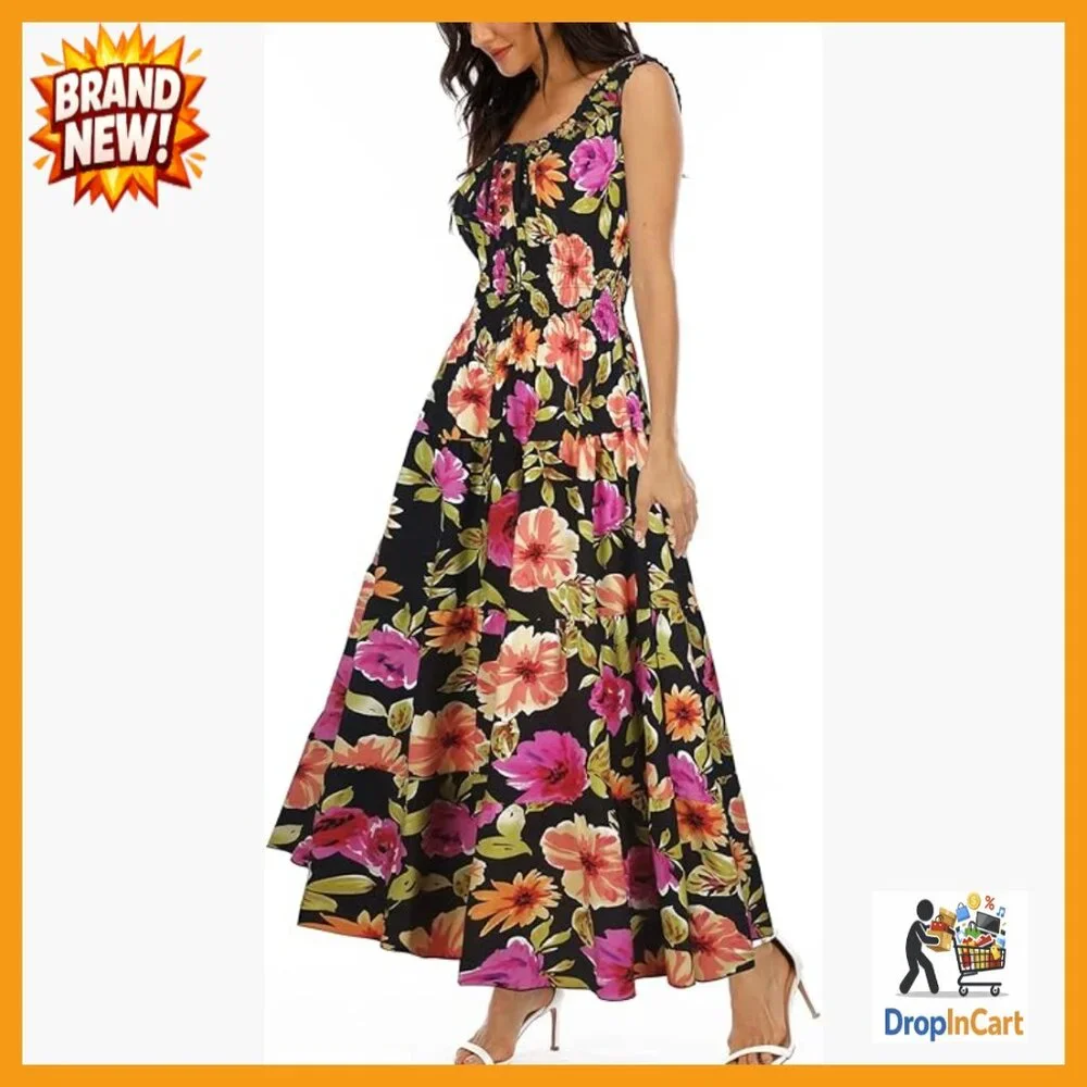 Boho Floral Maxi Dress Tiered Casual Flowy Summer Sleeveless A-Line